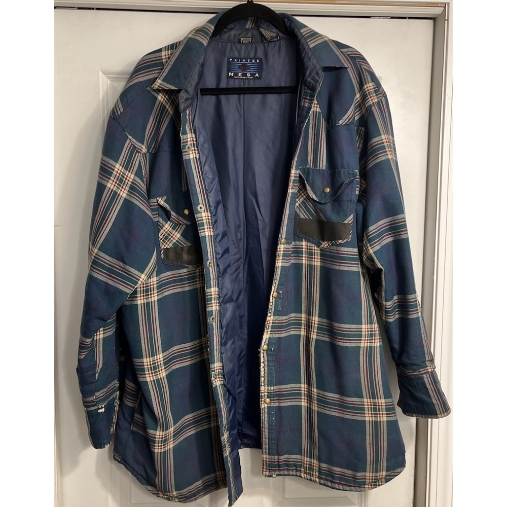 Vtg Trucker Jacket Painted Mesa Western Snap Shirt Plaid Distressed Destroy 2XLT